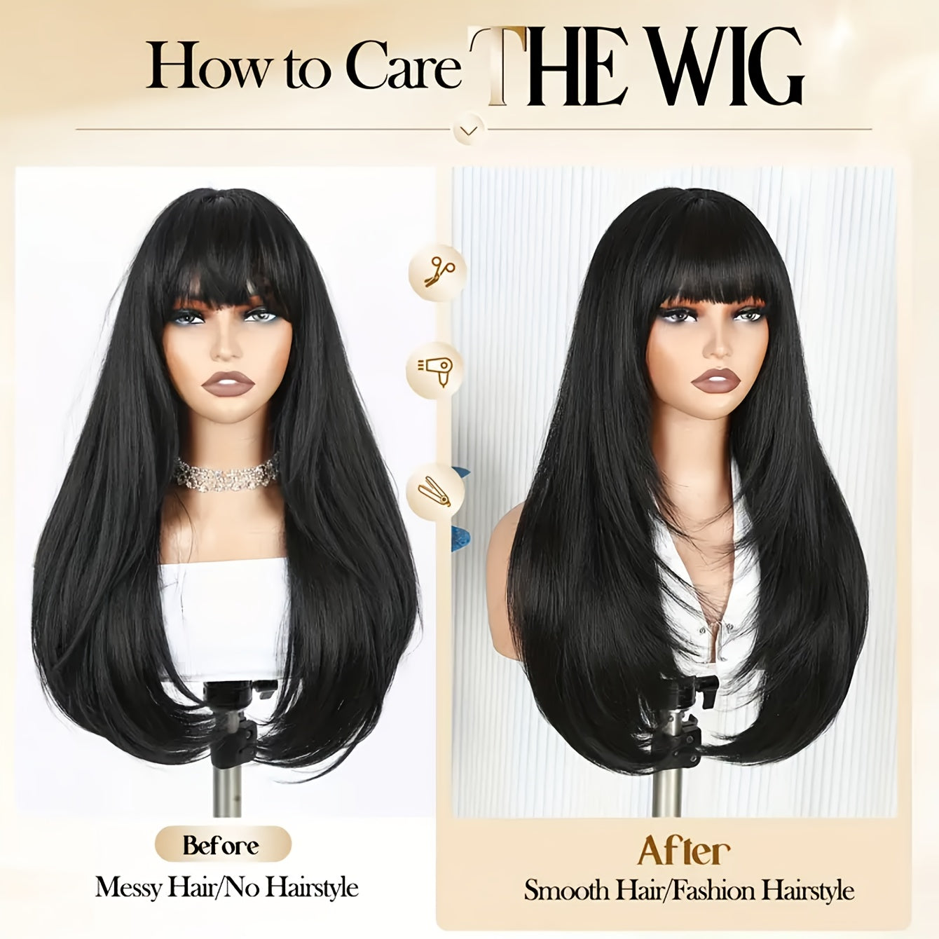 26" Long Straight Layered Wig with Bangs - Natural Black Synthetic Hair, Glueless Put-On Style, High-Temperature Fiber, Pixie Cut for Women, Perfect for Casual Attire